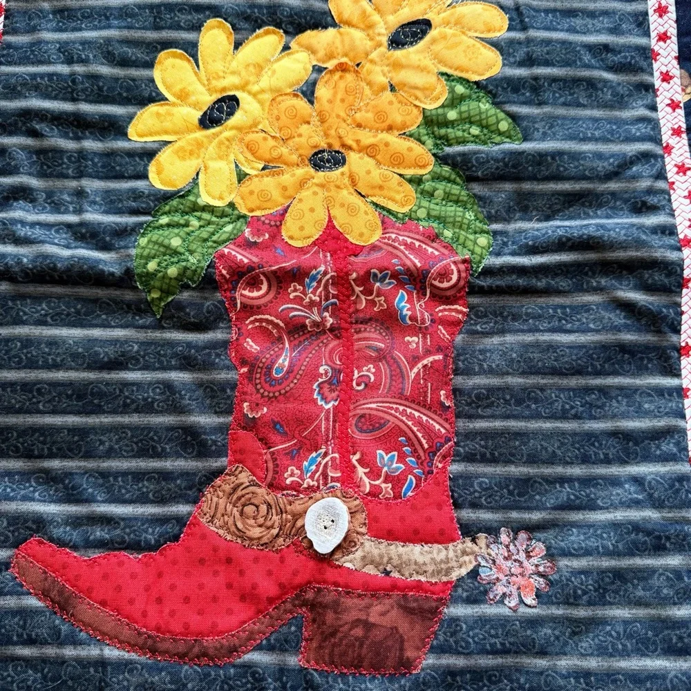 Western Cowboy Wall Hanging Quilt 21” x 24.5” – Appliqué Boot & Sunflowers